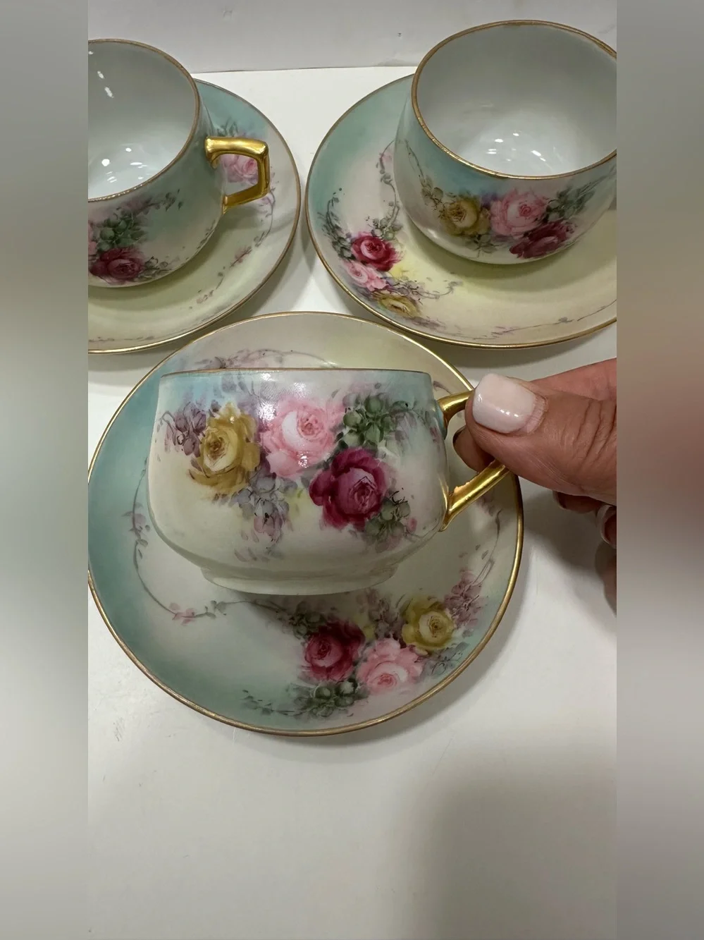 Lot Of 3 Unmarked Bavarian Style Hand Painted Porcelain Tea Cup Set Aqua Blue